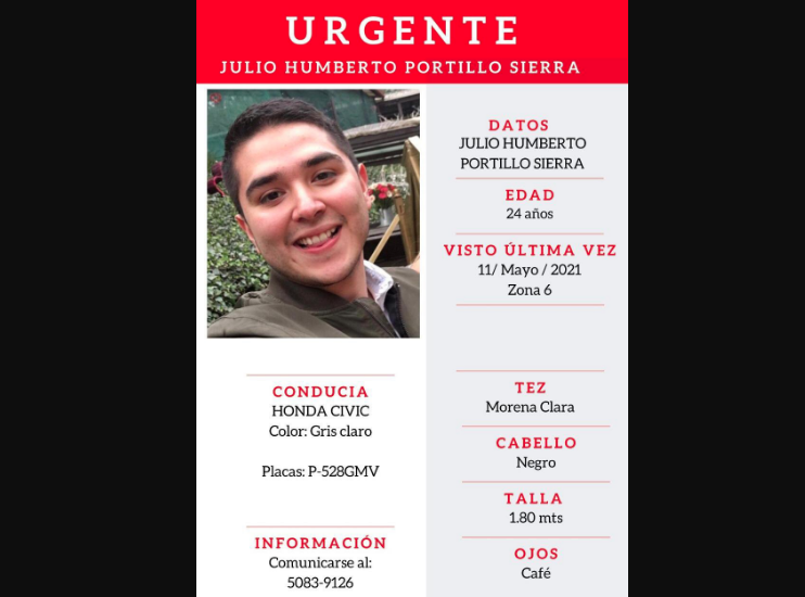 #CANoticias #Nacionales 

Familiares y amigos compartieron por medio de redes sociales una alerta para localizar a Julio Humberto Portillo Sierra, quien desapareció el 11 de mayo. 

Más detalles:
bit.ly/3oc8Qvn