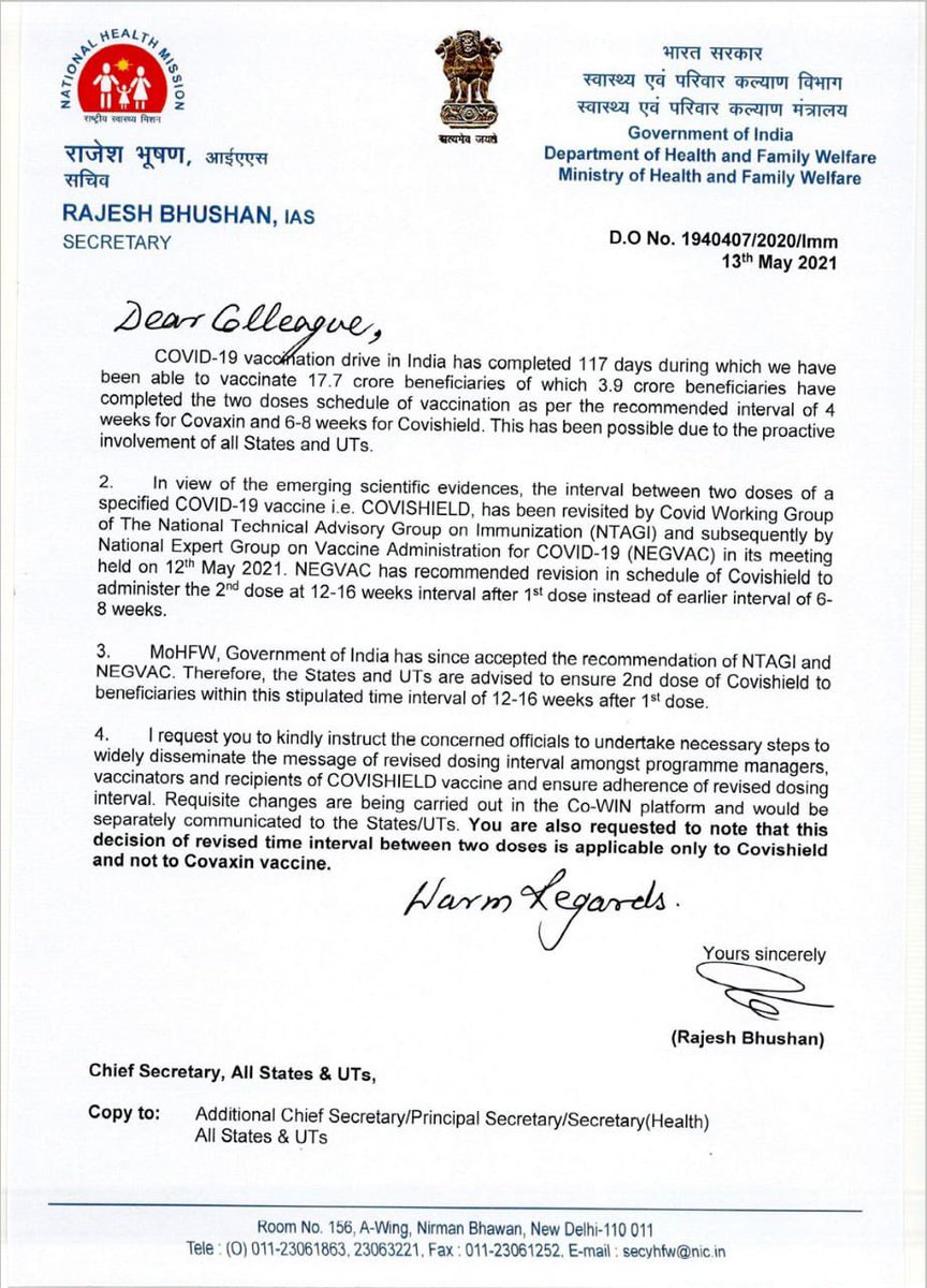 माझी Mumbai, आपली BMC (@mybmc) on Twitter photo In view of emerging scientific evidences, the interval between 2 doses of Covishield has been revised to 12-16 weeks instead of the earlier 6-8 weeks.
This recommendation made by NEGVAC has been accepted by <a href="/MoHFW_INDIA/">Ministry of Health</a>
Revision is applicable only to Covishield, not Covaxin. In view of emerging scientific evidences, the interval between 2 doses of Covishield has been revised to 12-16 weeks instead of the earlier 6-8 weeks.
This recommendation made by NEGVAC has been accepted by <a href="/MoHFW_INDIA/">Ministry of Health</a>
Revision is applicable only to Covishield, not Covaxin.