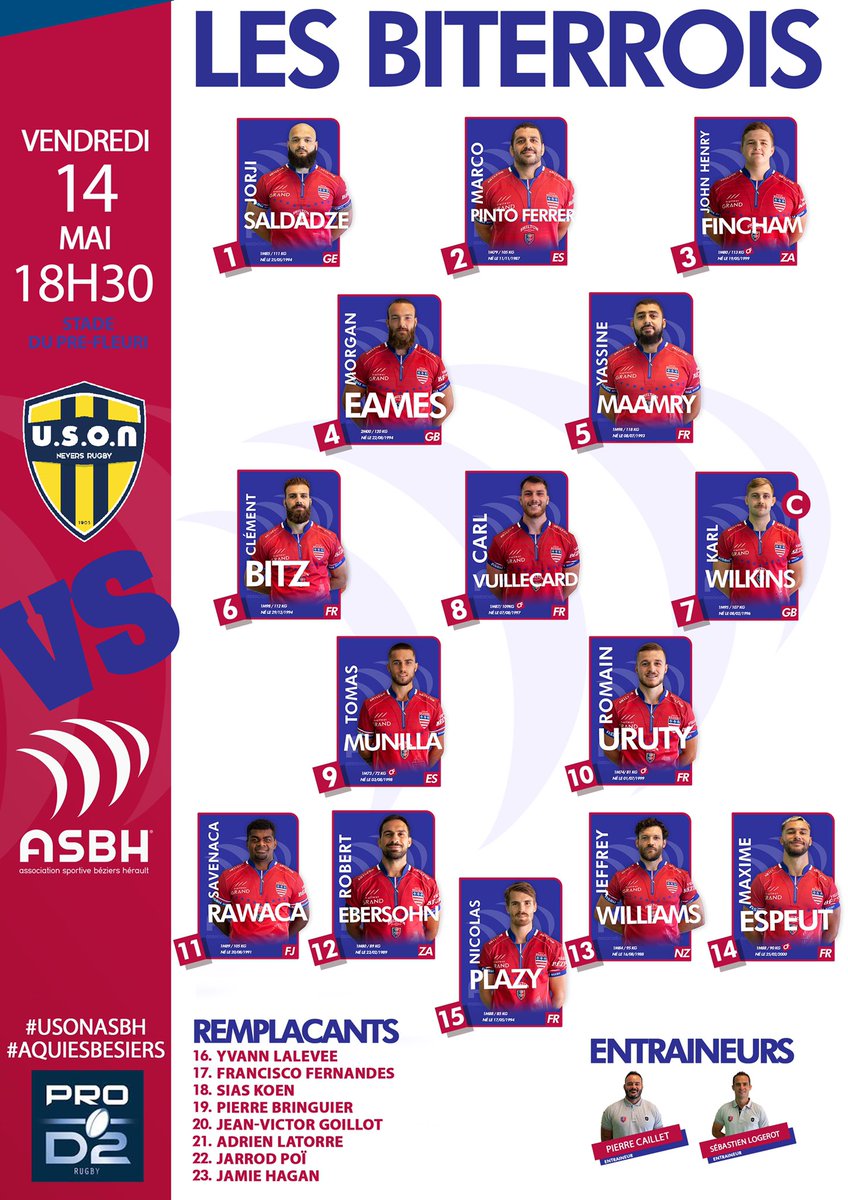 LesCompos's tweet photo. Les compos pour @usonneversrugby - @ASBHOfficiel !
⏱Vendredi, 18h30.
🏟Stade du Pré Fleuri, Nevers.
#USONASBH #PROD2 https://t.co/HpwAVVY3Go
