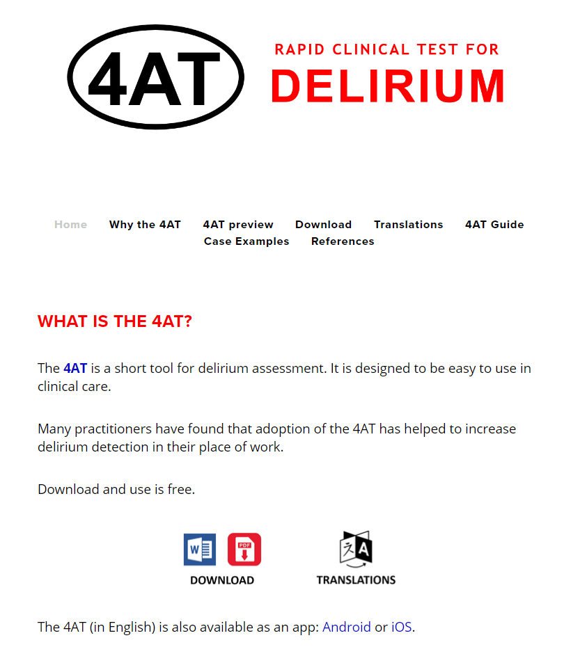 A_MacLullich's tweet photo. ℹ️ The 4AT #delirium assessment tool is now available as an app!

📱 Android: https://t.co/xVHWdTmHJc

📱 iOS:  https://t.co/h6jxz6EMNn

Thanks to @Signguidelines &amp; the Digital Health and Care Institute. https://t.co/xXIZ2xpeLJ