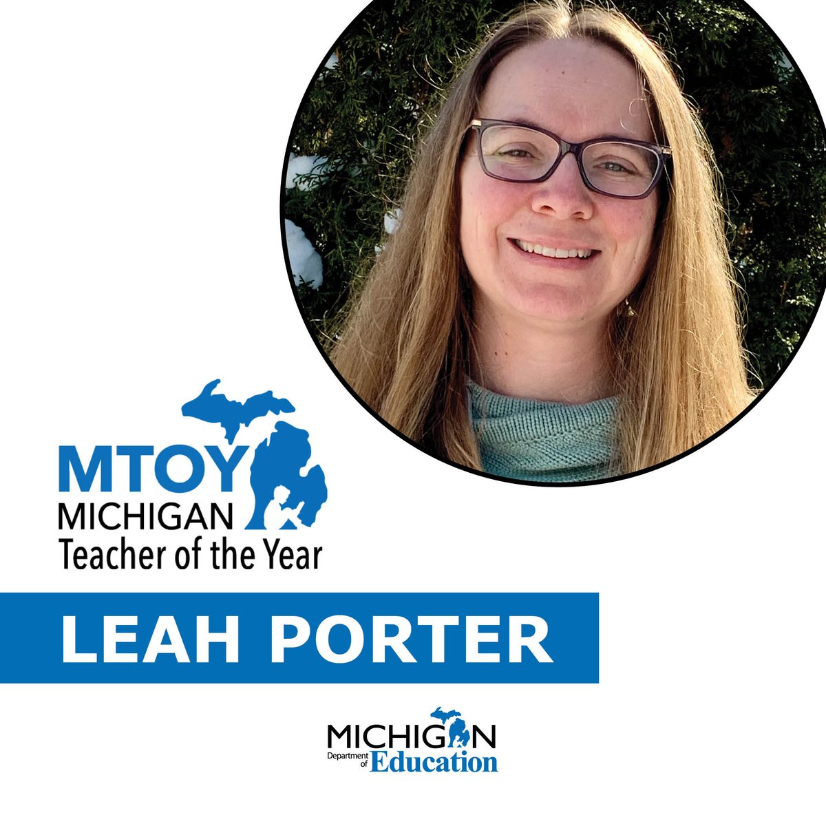 MIEducator's tweet photo. Congratulations to 2021-2022 Region 6 Teacher of the Year Leah Porter, who was named the 2021-2022 Michigan Teacher of the Year! Leah is a kindergarten teacher at Wilcox Elementary in Holt Public Schools. #proudMIeducator https://t.co/ObWrgBM6SM