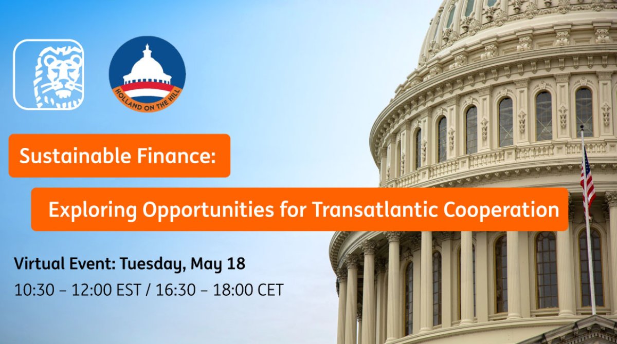 Visual with the US Capitol and the text: "Sustainable finance, exploring opportunities for transatlantic cooperation."
