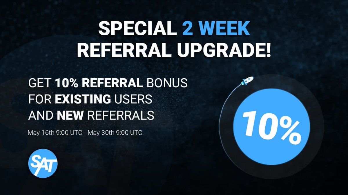 FinanceSatis's tweet photo. SPECIAL 2WEEK REFERRAL UPGRADE!

1. Visit #SatisFinance referral page: https://t.co/8dL7Koevgw
2. Get your referral link
3. Tell your friends to Ape-in!

Get 10% of their earnings for 2 weeks!
(May 16th - 30th)

More details: https://t.co/JPqtguYt5Q https://t.co/GOu1NAWpTx