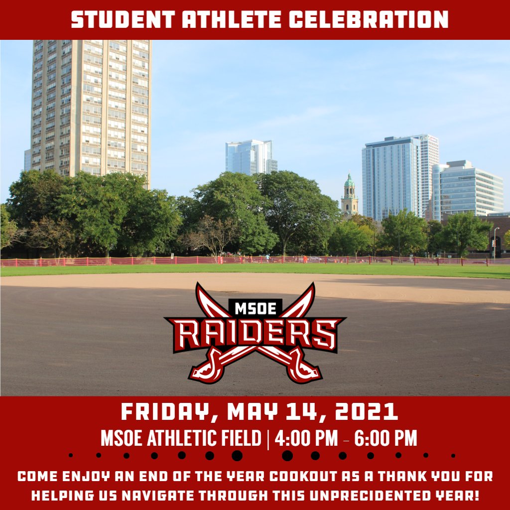 MSOE_Raiders's tweet photo. Calling all Raiders Student-Athletes! Come join us at the MSOE Athletic Field tomorrow from 4-6 pm for a cookout to celebrate the 2020-21 athletic year. Hope to see you there!

#TheRaiderWay https://t.co/fuBGCK7zP1