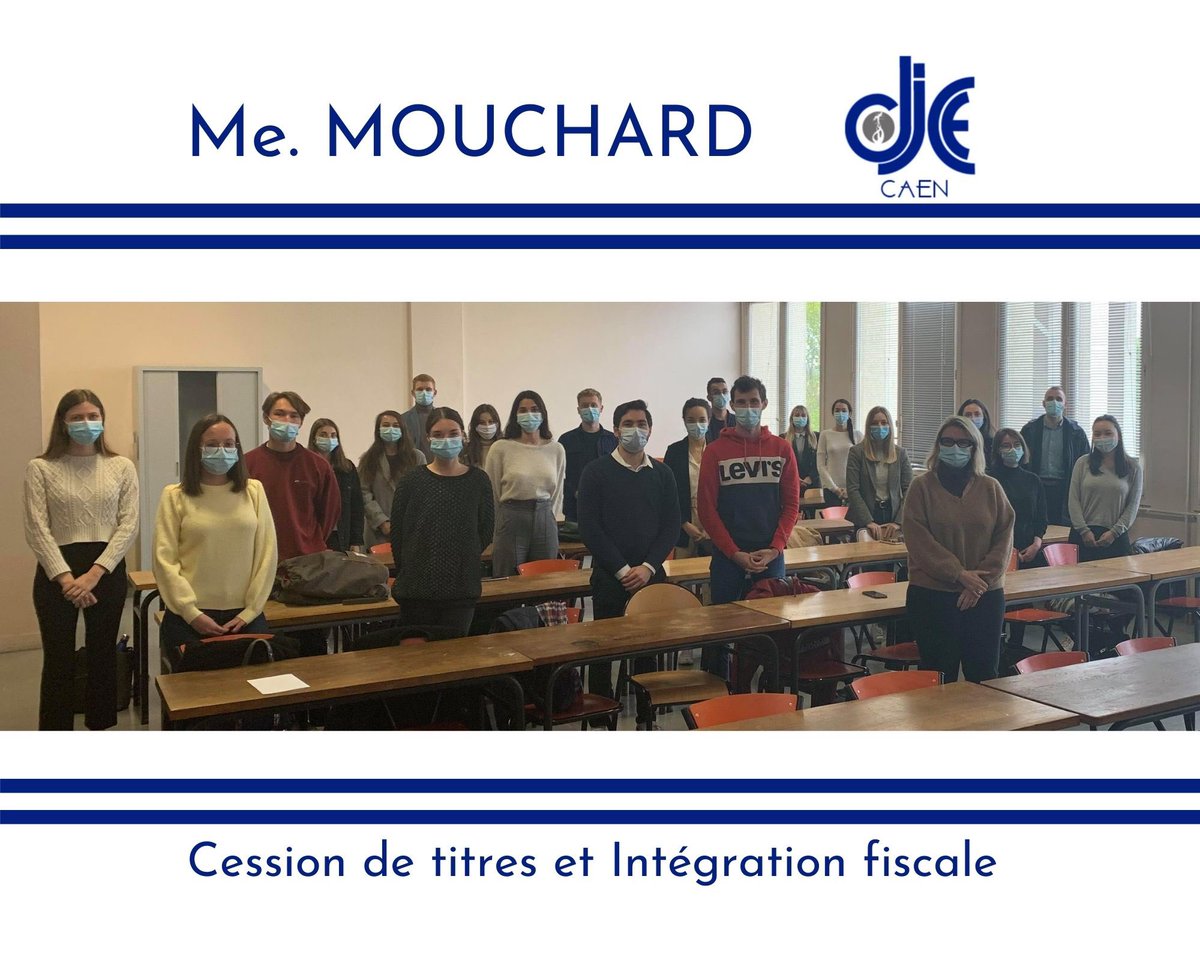 DJCE_Caen's tweet photo. L’ensemble de la promotion remercie Sophie Mouchard, avocat associé au sein du cabinet Voca conseil pour ses deux interventions. 
Elle est intervenue afin de nous présenter l’intégration fiscale, ainsi que les cessions de titres. https://t.co/XKDBTo6bfP