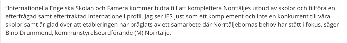 Skolinkvisition's tweet image. Nästan alltid när en nyetablering presenteras uttalar sig kommunledning och IES om att IES ska vara ett komplement till den kommunala skolan (här Norrtälje). Men det finns inget komplement i konkurrens om skolpeng. Det finns bara just, konkurrens.