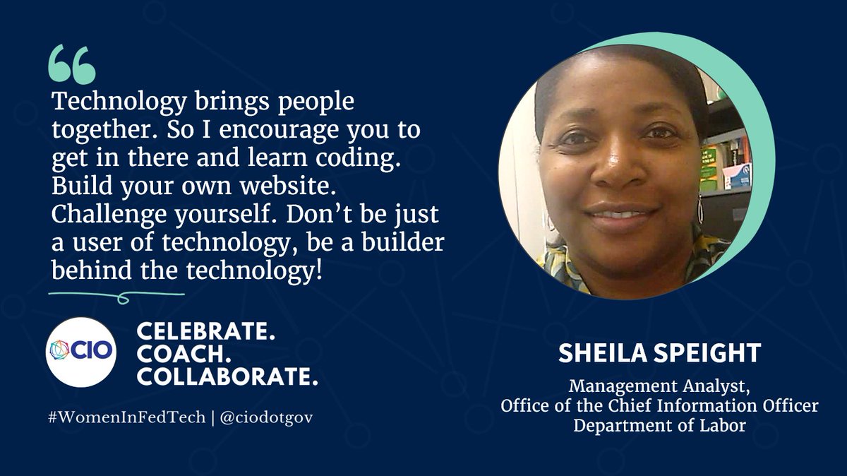 OCIO_DOL's tweet photo. Sheila Speight, network services management analyst, shares advice for young people interested in entering #STEM fields. In her nearly 40-year career, Sheila has enjoyed seeing tremendous growth in the number of #WomenInFedTech and civil service. 👩💻 #WomenInTech @ciodotgov https://t.co/hxK9ByzM3D