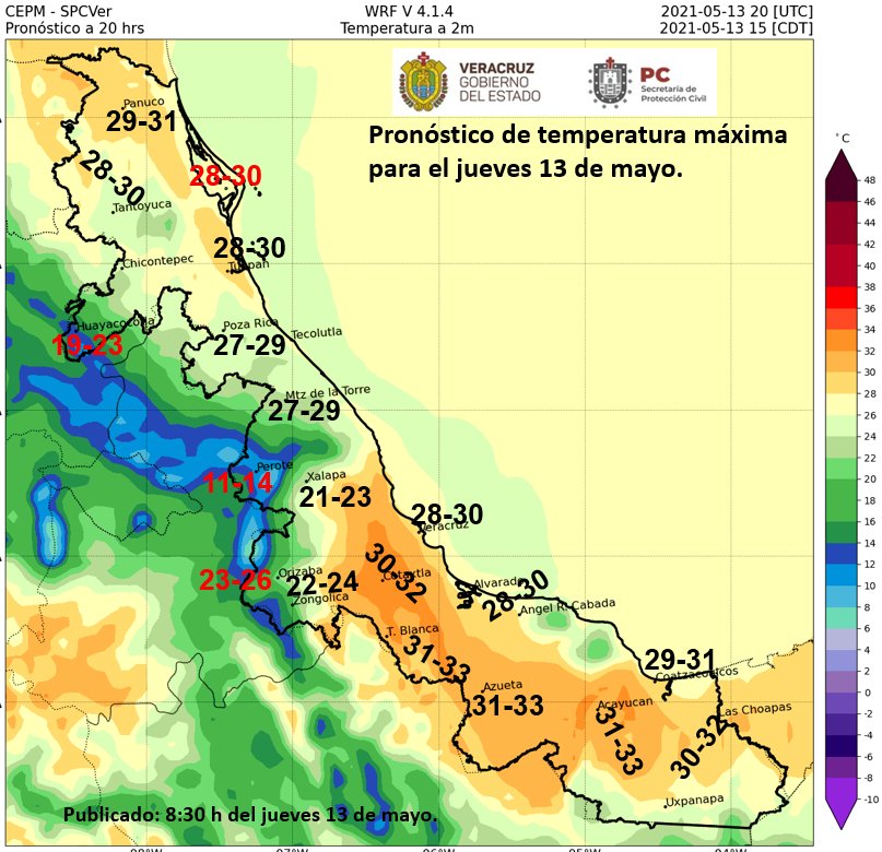 VertienteGloba1's tweet photo. 🌡Aquí el pronóstico de temperaturas máximas para este jueves 13 de mayo, mañana con poco cambio o aumentan ligeramente en #Veracruz https://t.co/wys5xgSNzX