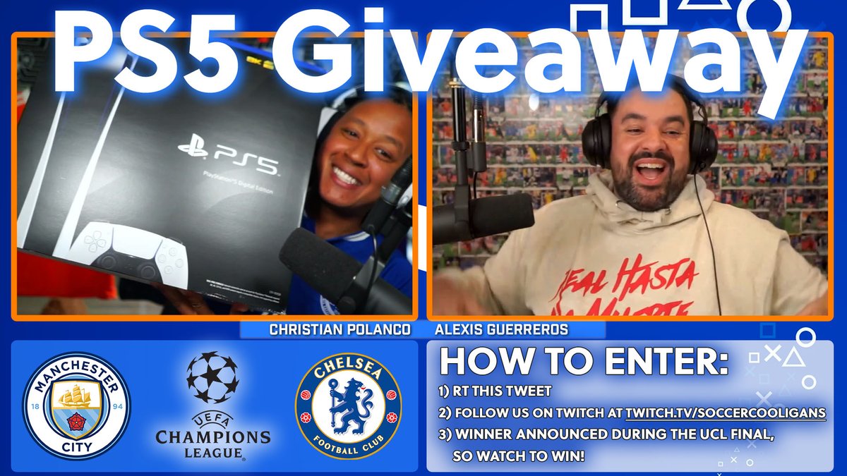 SoccerCooligans's tweet image. WE ARE GIVING AWAY A #PS5 DIGITAL EDITION DURING THE #UCLFINAL!! 🎮⚽️

Join us May 29th at 3pm ET at twitch.tv/soccercooligans!

HOW TO ENTER:

1) RT This Tweet
2) FOLLOW US AT 
3) Winner must be watching our Twitch stream when we announce!
4) Good luck! 🍀