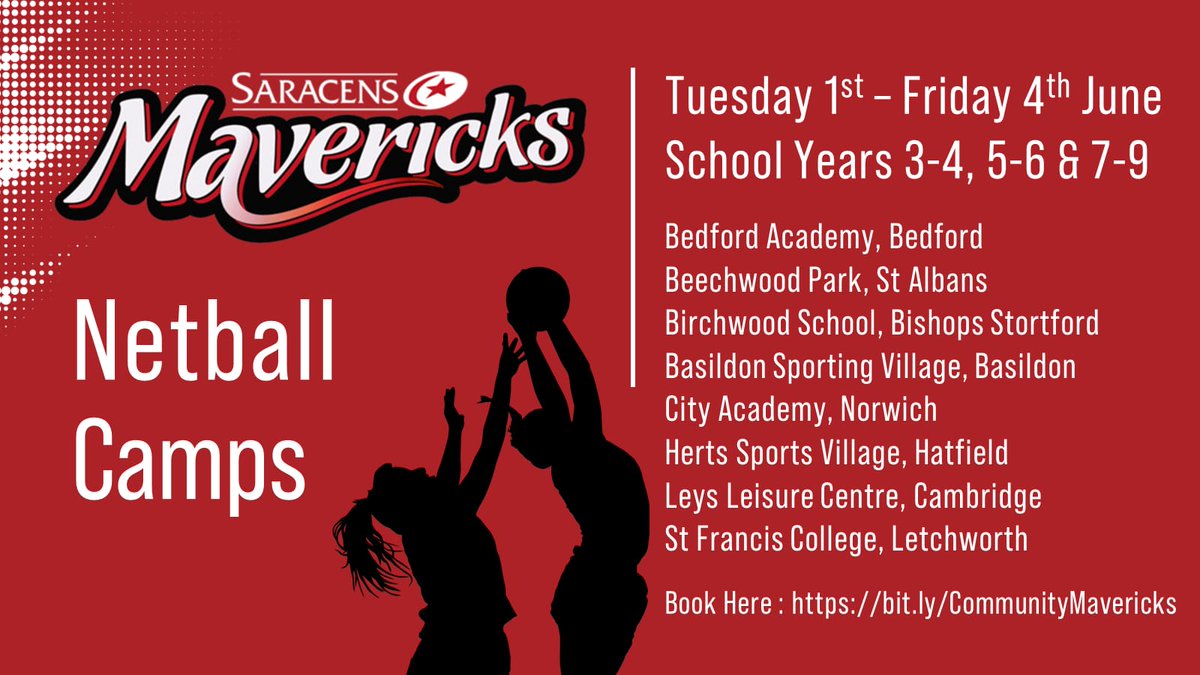 HALF TERM CAMPS ARE BACK 🥳

Join us during the May half term to learn new skills from some of our amazing coaches 🏐

Open to school years 3-9!

Book now 👇
mavericksnetball.co.uk/Community/Netb…

#BeAMaverick❤🖤