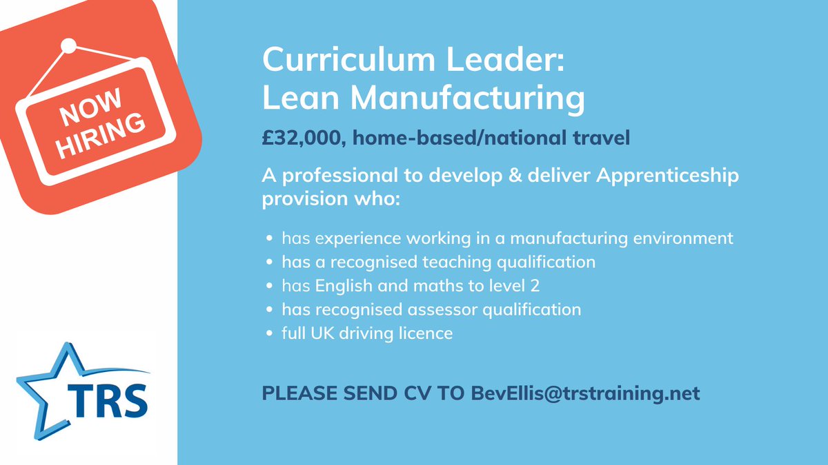 WE'RE HIRING! Vacancy for Curriculum Leader to develop &amp; deliver lean manufacturing apprenticeships. Work from home or our office in St Helens. Some national travel. trstrainingltd.com/2021/05/07/wer…

CV to BevEllis@trstraining.net

#jobs #jobsearch #recruitment