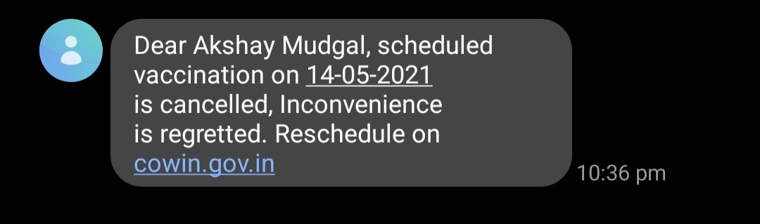 akshay_mudgal's tweet photo. Cancelled scheduled vaccination appointment.
Probably Govt. Should add one more filter 'With Influence' then we might get an appointment and vaccinated as well.
#VaccineShortage #VaccineForAll #VaccineFor18Plus  #VaccinationDrive https://t.co/mmJzBTdL8Q