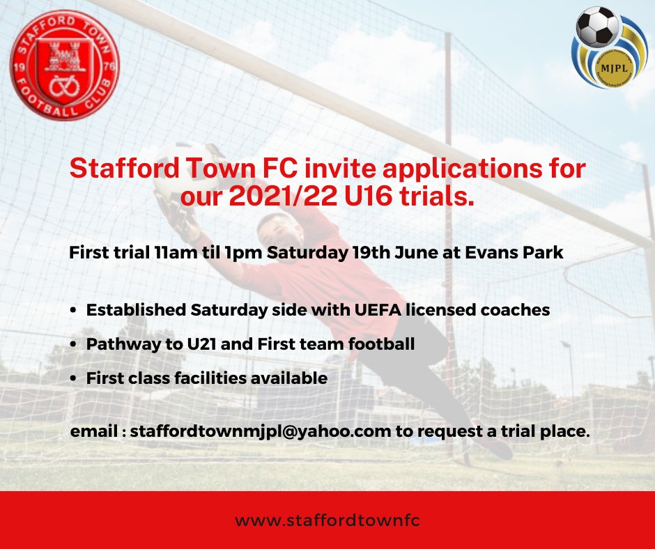 Book your trial place for Stafford Town U16 by emailing staffordtownmjpl@yahoo.com 
Please retweet and pass on the email address if you know anyone who might be interested.  ⚽

#STFC #Football #FootballPlayer #UEFA #FootballTime