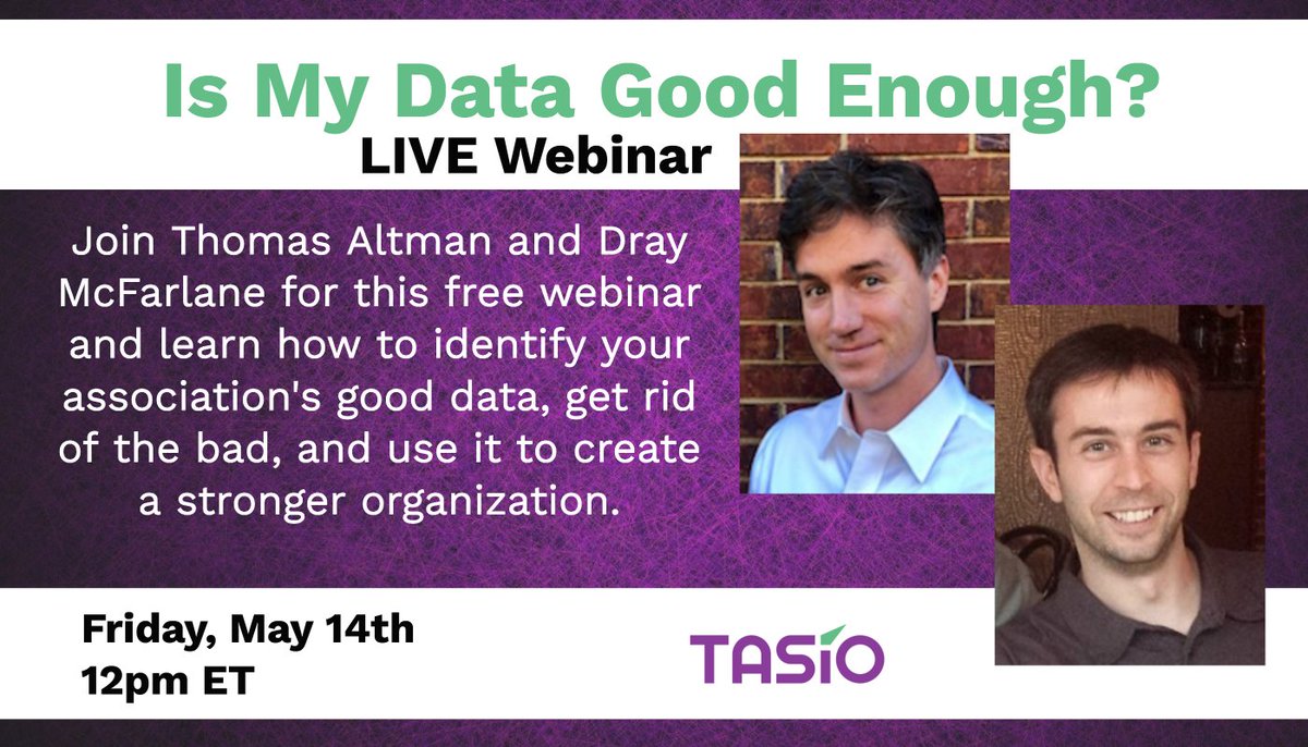 TasioLLC's tweet image. Your information can be the tool to better member engagement and more streamlined #association. Join us next week and find out if you have the right data to achieve your goals and clear steps to get it and use it better. 

tasio.co/is-my-data-goo…

#assnchat #associationleader