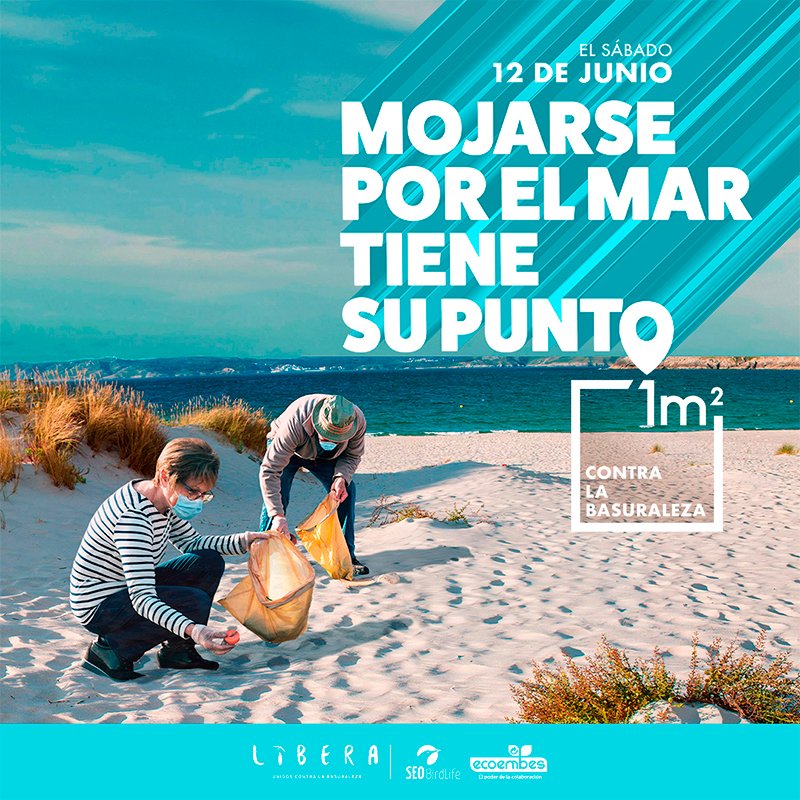 ecoembes's tweet photo. Si decides irte a la playita, ¡mójate por el mar! El sábado 12 de junio, MOJARSE POR EL MAR TIENE SU PUNTO porque vuelve 1m2 contra la #Basuraleza. Crea tu punto de recogida  en https://t.co/J5Z3arbbND y  #LIBERA1m2 @SEO_BirdLife #ProyectoLIBERA