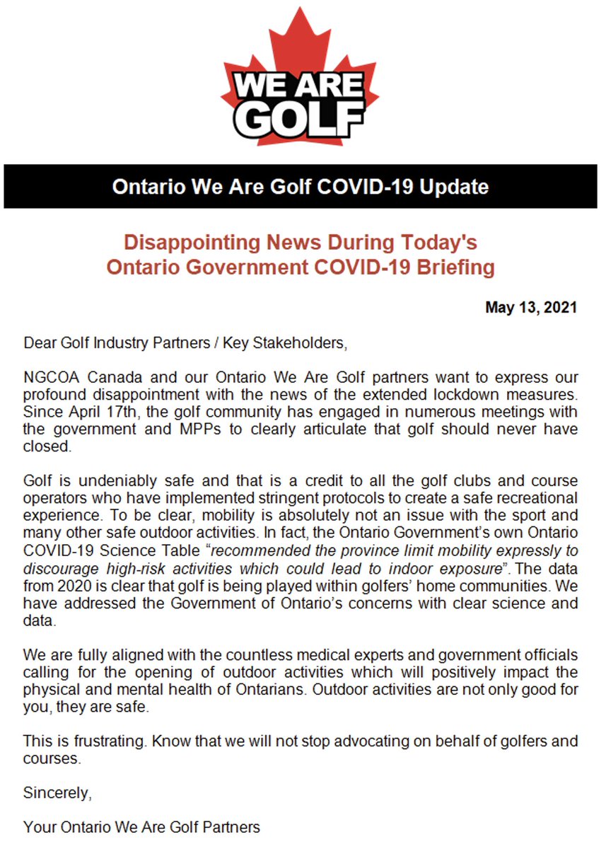 Flagstick's tweet image. The Ontario We Are Golf partners have issued an update after Ontario Premier Ford's press conference.