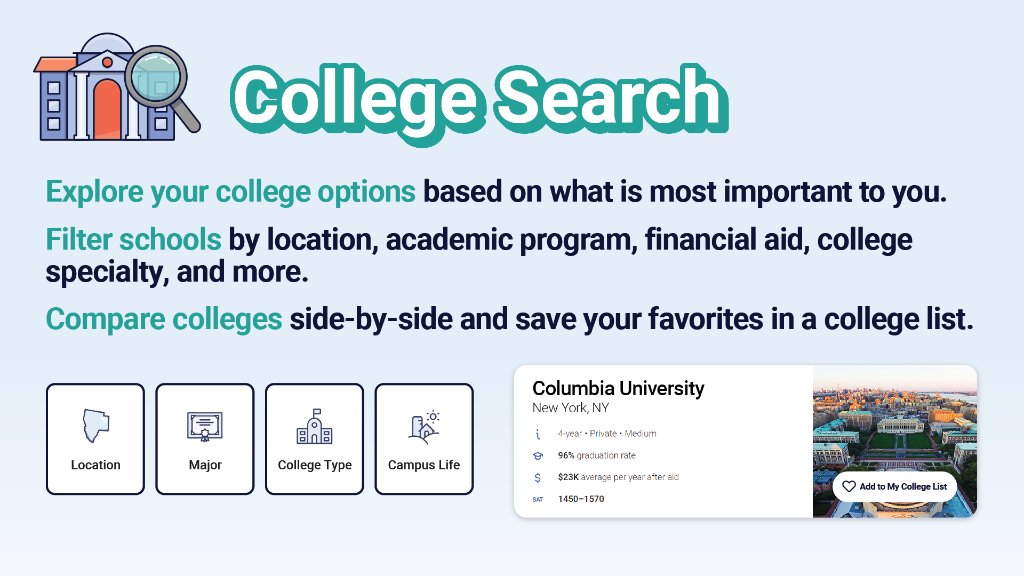 CollegeBoard's tweet photo. Two new tools are available to help high school students plan for college!
🎓 Access the college search tool: https://t.co/3AgYXBBRE3.
🎓 Log in to access the scholarship search tool: https://t.co/sJQWcwEUjr. https://t.co/H98cw7xKMB