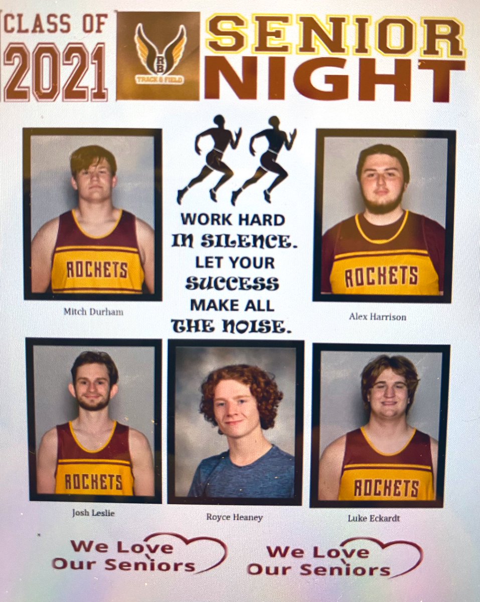 RBCHSTrack's tweet photo. Senior Night for these 5 guys tonight! Come out and cheer them on for Rocket Relays! #rbtrack https://t.co/R1JIaswe5m