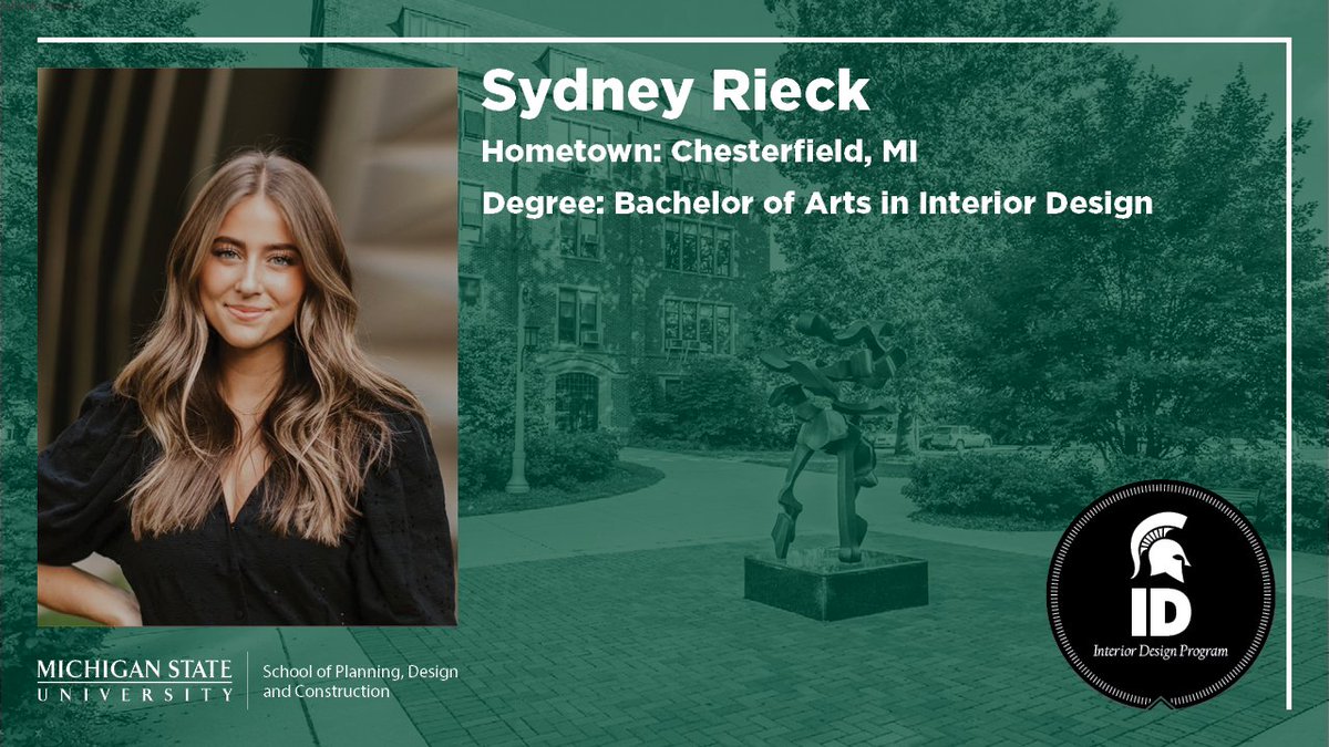 MSUSPDC's tweet photo. Congratulations to #MSUID's Sydney Rieck for her achievement of Bachelor of Arts in Interior Design! #SPDC #interiordesign #CANRatMSU #MSUSocialScience @SydneyRieck https://t.co/U7vDJiNls6