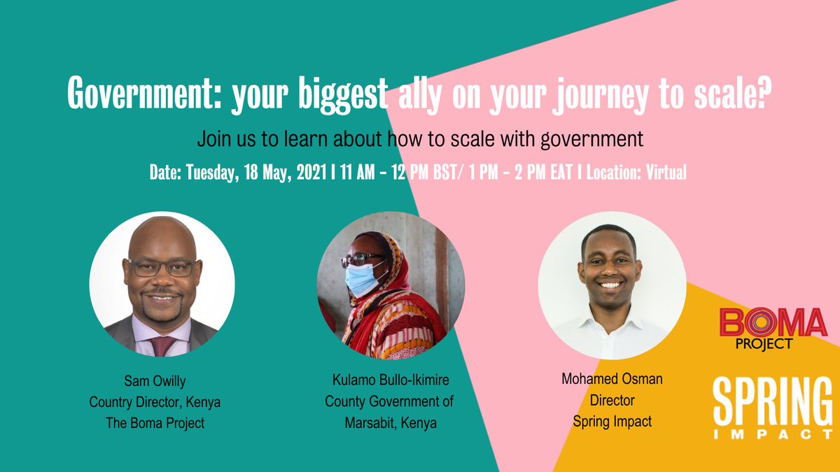VillageReach's tweet photo. Free webinar: join @SpringImpact & @BOMAProject to learn how government can be your biggest ally on your journey to creating sustained #impact at scale. #ScalewithGovernment
Register here: https://t.co/yolMLgmxup https://t.co/RsqPt3ADpj