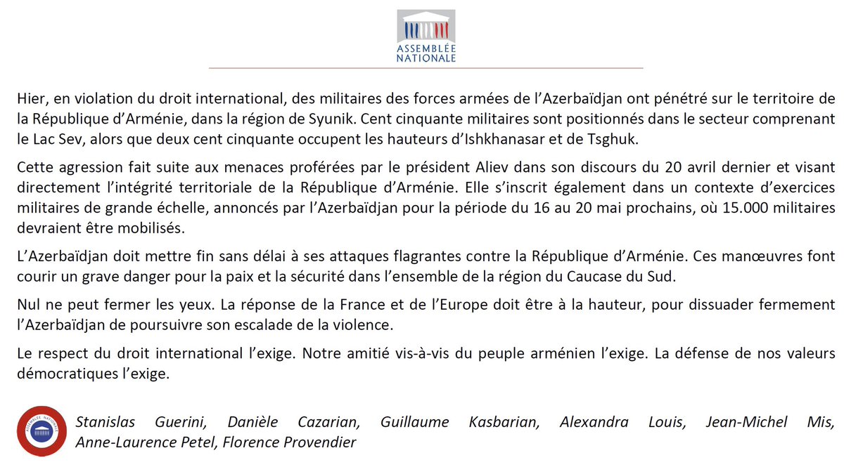 al_petel's tweet photo. 🔴 Inquiétude ce soir en Arménie. L'Azerbaidjan au mépris du droit international vient de déployer des militaires en territoire Arménien.

➡️ Nous attendons une action forte de la 🇨🇵 et l'🇪🇺 car la situation est grave. https://t.co/w1yKRl8yoS
