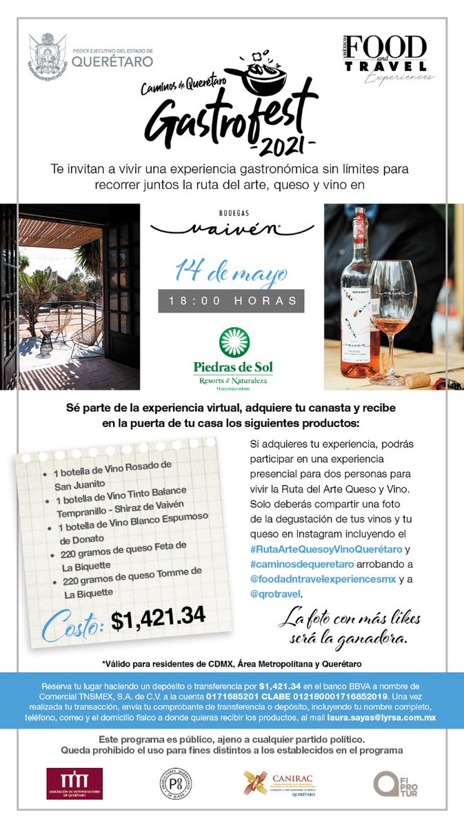 ¿Ya tienes su canasta lista para #Gastrofest #CaminosDeQuerétaro la tarde de mañana?

Disfruta esta transmisión este viernes 14 de mayo, en punto de las 18h por Facebook Live de <a href="/FoodandTravelMX/">Food and Travel MX</a> desde <a href="/BodegasVaiven/">Bodegas Vaivén</a> 

No te la pierdas....