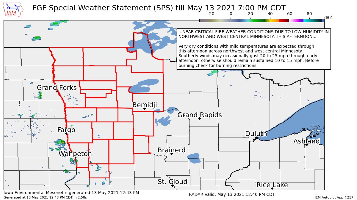 NEAR CRITICAL FIRE WEATHER CONDITIONS DUE TO LOW HUMIDITY IN NORTHWEST AND WEST CENTRAL MINNESOTA THIS AFTERNOON for Clay, East Becker, East Marshall, East Otter Tail, East Polk, Grant, Hubbard, Kittson, Lake Of The Woods, Mahnomen, ... till 7:00 PM CDT https://t.co/06UGW2Gp6X https://t.co/btCocjm00o