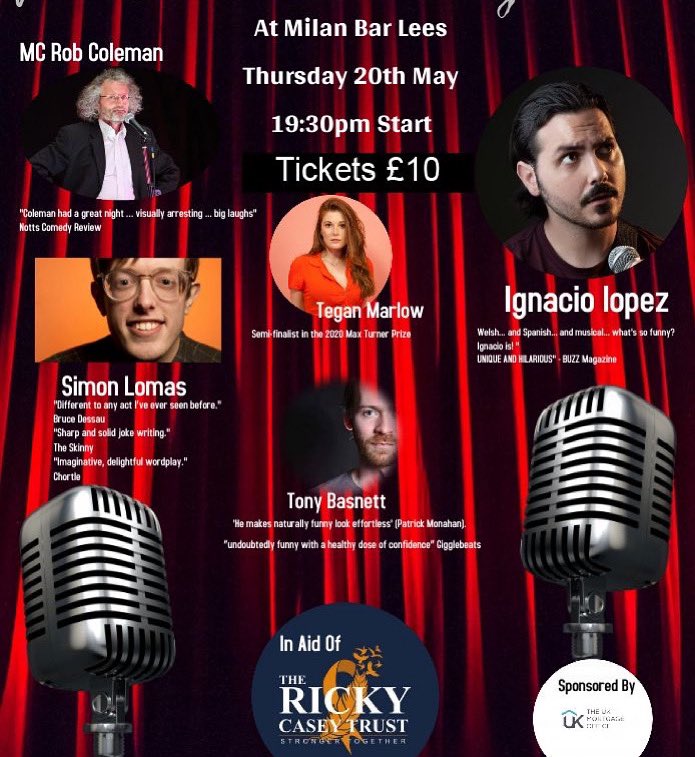 Fancy a night of Comedy and a few beers? 🍺🍹 next Thursday 20th May we host @acelipscomedyandevents Comedy Night to support @rickycaseytrust join @comedylopez @robcoleman100 @simonlomas @teganmarlow_ and @tonybasnett DM for a ticket just £10 #comedy #standup #nightout #lees