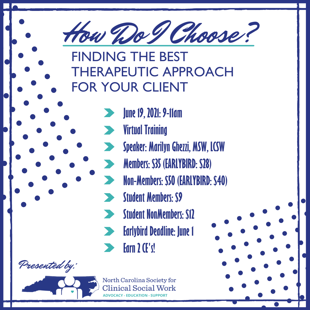 ncscsw's tweet photo. Don't forget to register with earlybird pricing for our June training- "How Do I Choose: Finding the Right Therapeutic Approach for Your Client." You won't want to miss this one! 💙 Sign up now https://t.co/XBxbu8eNra #ncscsw #socialworkers #findyourpeople https://t.co/eDfLduB41D