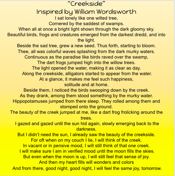 EdgemontDewit's tweet photo. We are beginning to work on poetry. Using William Wordsworth's "I wandered lonely as a cloud" as inspiration, students analyzed and then created their own version! Here is one amazing example. https://t.co/bY4dGNAlxl