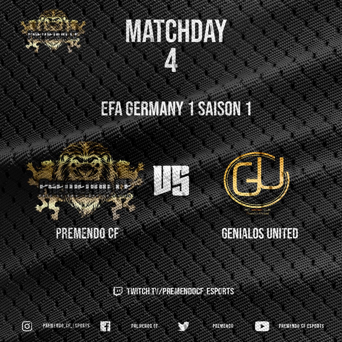 🔥Spielankündigung🔥
 
Heute fordert uns Genialos UTD heraus, bei einem Sieg festigen wir den 1.Platz in der EFA
⚽Kick-off: 21:00 Uhr

Unser Spiel könnt Ihr auch auf Twitch verfolgen🟣⚪
twitch.tv/premendocf_esp…