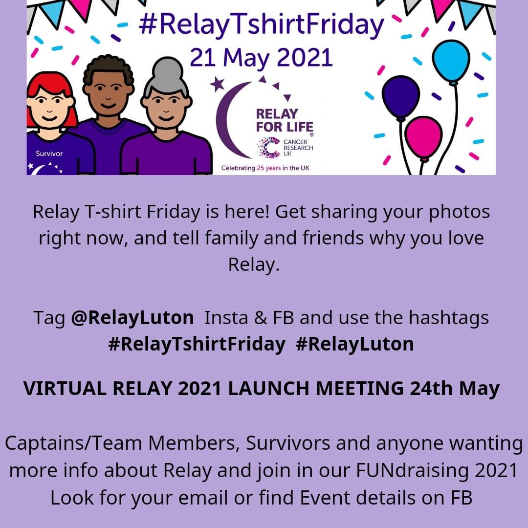 RelayLuton's tweet photo. Just one week to go until #RelayTshirtFriday!  

Feel free to tag @RelayLuton on here, Instagram or Facebook and we will share your stories!

Plus, we will be launching our #RoadToVirtualRelay with our first team meeting on Monday, 24th May! 

Get involved! https://t.co/sXkTS6yG4q