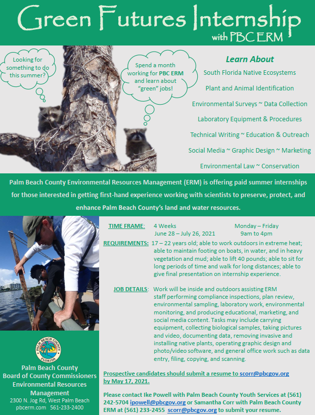 PBCYSD's tweet photo. Looking for something to do this summer? @pbcerm is offering paid summer internships for those interested in getting first-hand experience working with scientists to preserve, protect, &amp; enhance PBC’s land &amp; water resources.

Send resume to scorr@pbcgov.org by no later than 5/17. https://t.co/ozjxrkePH7