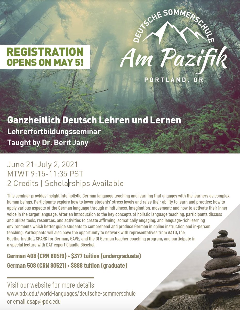 PDXDeutsch's tweet photo. Graduate students, high school teachers, and instructors of all levels are welcome to register for the teacher-training seminar at the Deutsche Sommerschule am Pazifik 6/21-7/2. This year is all about holistic teaching taught by Dr. Berit Jany. #aatg #german #teachgerman https://t.co/divcUy9p1V