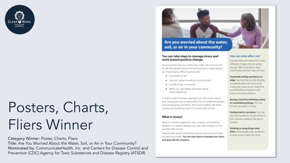 plain_language's tweet image. Category Winner: Poster, Charts, Fliers 

Title: Are You Worried About the Water, Soil, or Air in Your Community?

Nominated by: CommunicateHealth &amp;amp; (CDC) Agency for Toxic Substances and Disease Registry (ATSDR)
#ClearMark #ClearMarkAwards2021 #AccessForAllConference #MakeItClear