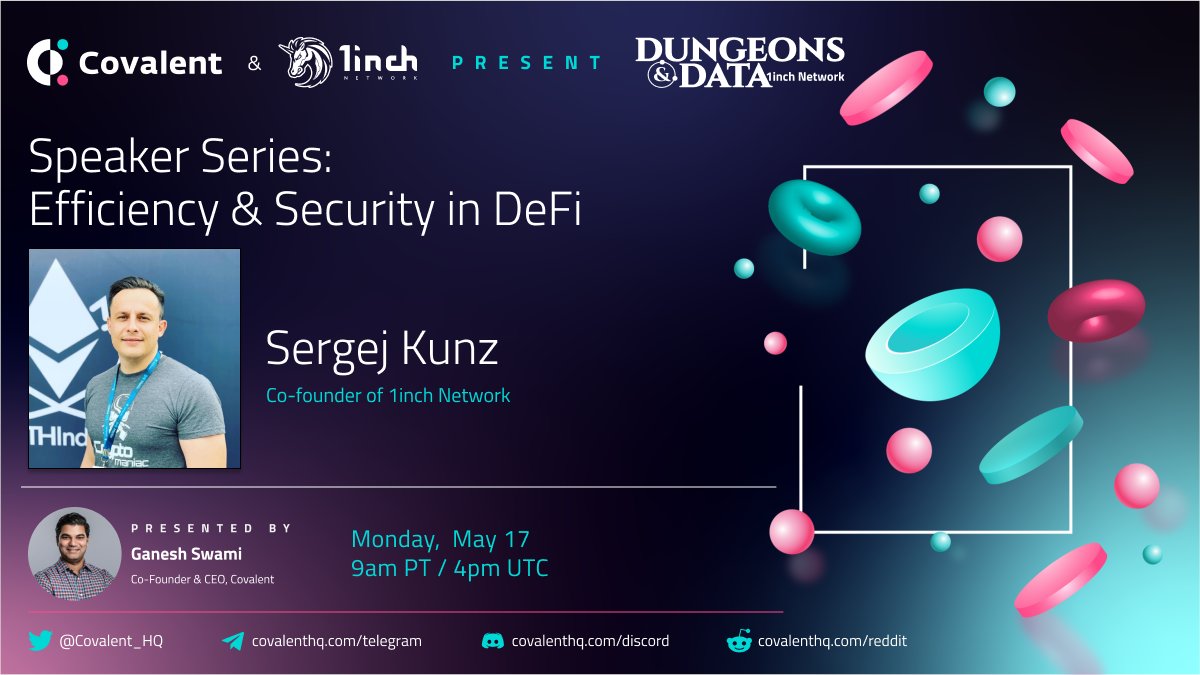 Covalent_HQ's tweet photo. 👋 As part of the Dungeons &amp; Data with @1inchNetwork, we're running a speaker series ft. the 1inch team!

🗣For the first talk, we'll have @deacix in conversation with @gane5h on 'Efficiency &amp; Security in DeFi.'

🗓: May 17
⏰: 9 am PT / 4pm UTC

RSVP https://t.co/5t34yVGFnZ https://t.co/h5zBw6dUGs