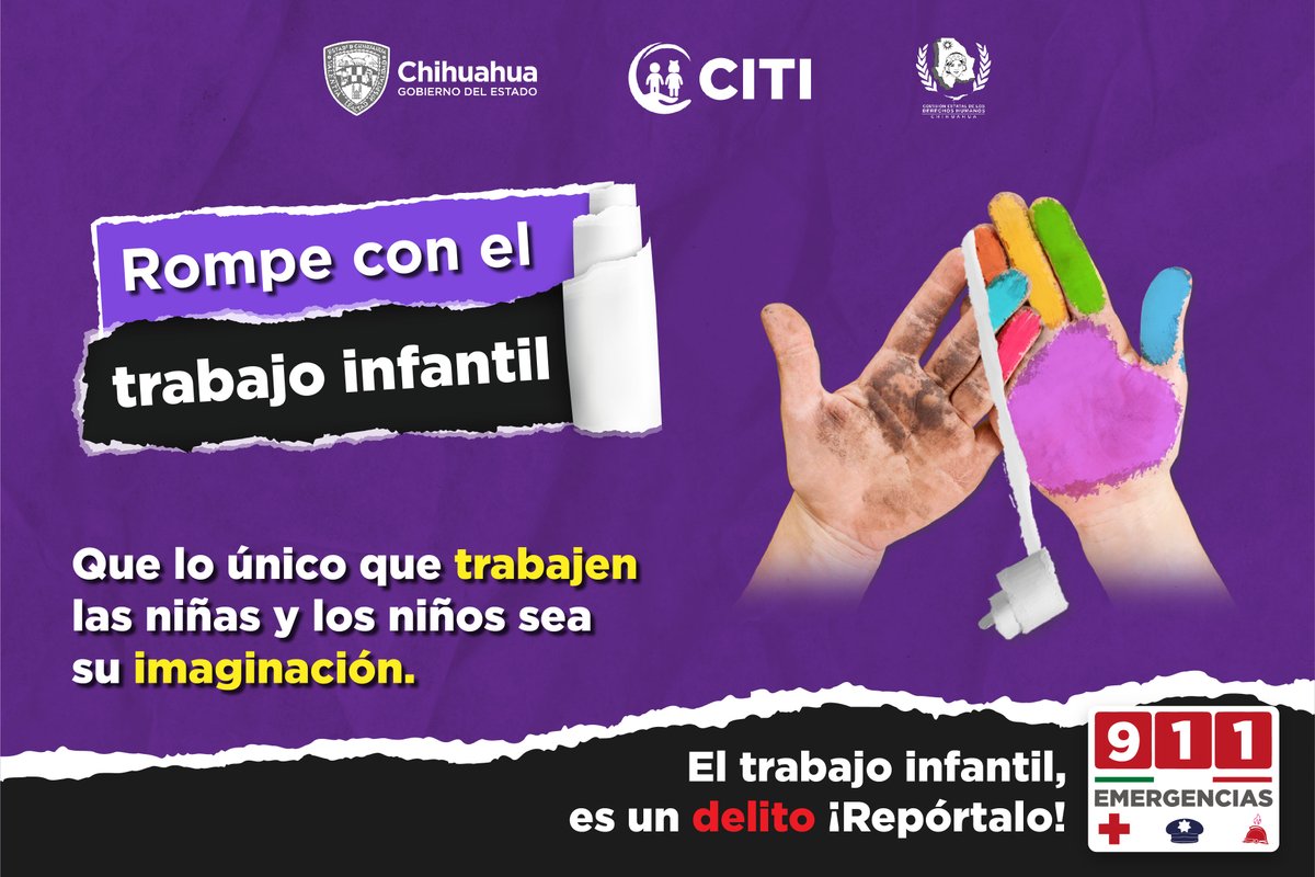 stpschihuahua's tweet photo. 🧠 Que lo único que trabajen las niñas y los niños sea su imaginación. ¡Rompe con el trabajo infantil!

Reporta al 911 https://t.co/YTieNvVq54