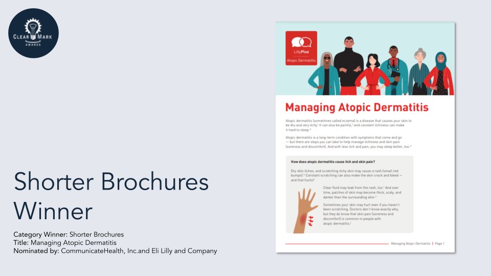 plain_language's tweet image. Category Winner: Shorter Brochures 

Title: Managing Atopic Dermatitis 

Nominated by: CommunicateHealth, Inc. and Eli Lilly and Company

#ClearMark #ClearMarkAwards2021 #AccessForAllConference #MakeItClear