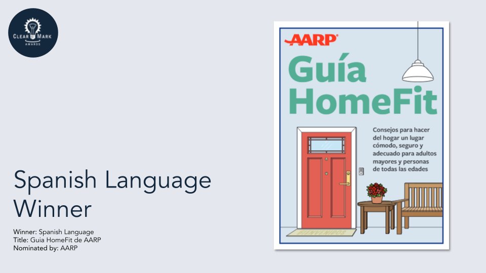 plain_language's tweet image. Category Winner: Spanish Language 

Title: Guia HomeFit de AARP 

Nominated by: AARP

#ClearMark #ClearMarkAwards2021 #AccessForAllConference #MakeItClear