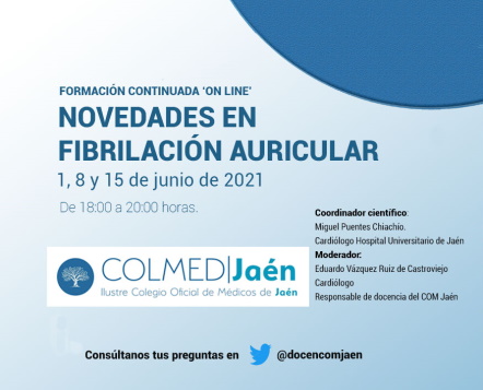 colmedjaen's tweet photo. 📌El 1 de junio comenzamos en el curso virtual sobre Novedades en Fibrilación Auricular. 
🔗Programa y enlace a las sesiones on line https://t.co/eWgxivwpCm https://t.co/Ru1dFmD698