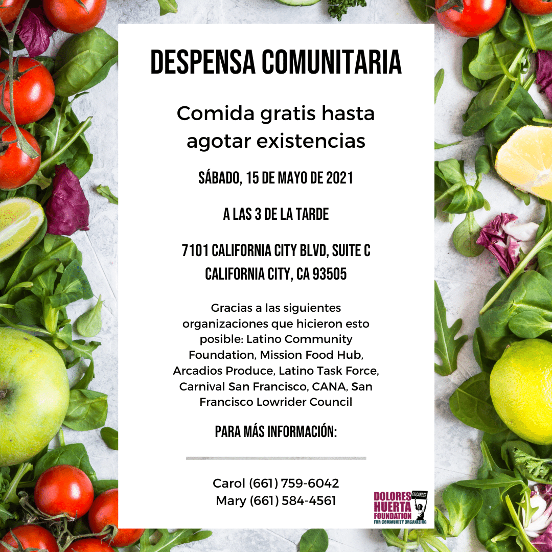 DoloresHuertaFD's tweet photo. #CACITY & #LINDSAY: We invite the community to a #FREE #FoodBank on Saturday, May 15 at 3 PM located at 7101 California City Blvd Suite C & 1701 E Tulare Rd. More information: CA City - Mary at 661-584-4561, Lindsay - Anahi at 559-271-6937 #DHF #SiSePuede https://t.co/6VHE0MAlIE