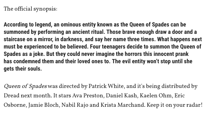 DreadCentral's tweet photo. 🎬  Trailer Release: QUEEN OF SPADES

Fangoria - May 13, 2021 - "EXCLUSIVE: See The Trailer For QUEEN OF SPADES" by Fangoria Staff https://t.co/yb0hNo988Z

@FANGORIA @dreadpresents @Avapreston_ @KaelenOhm @BlochJamie @ericosborne_11 @KristaMarchand

#queenofspades https://t.co/zKRe1YOzOP