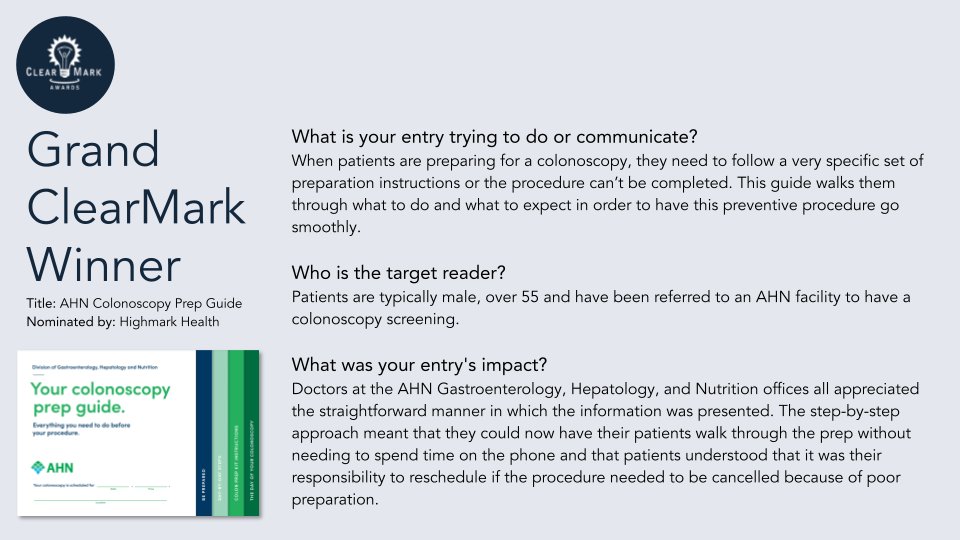 plain_language's tweet image. Grand ClearMark Winner 2021 

Title: AHN Colonoscopy Prep Guide 

Nominated by: Highmark Health

#ClearMark #ClearMarkAwards2021 #AccessForAllConference #MakeItClear