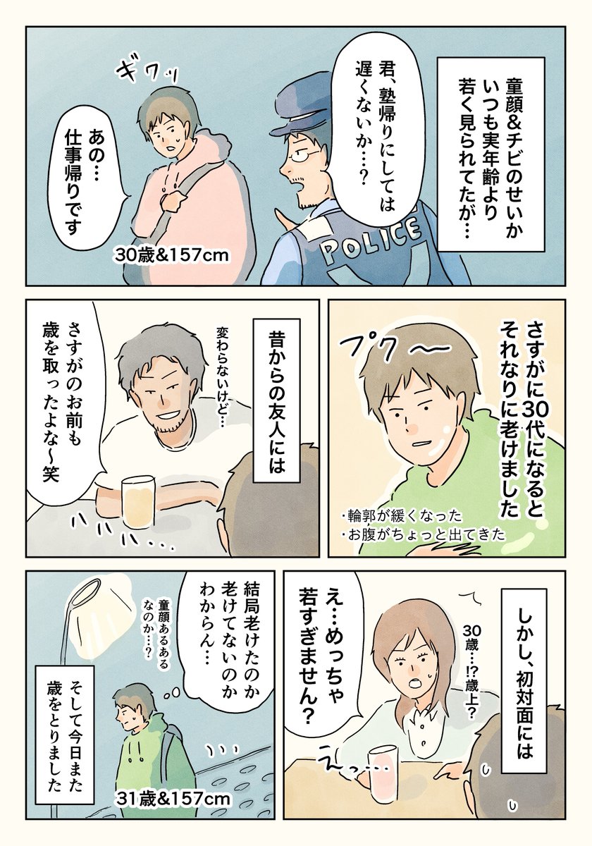 『童顔キャラが歳を取ると…』

今日で31歳になったので、最近感じた童顔男子のあるある?を描いてみました。
#エッセイ漫画 