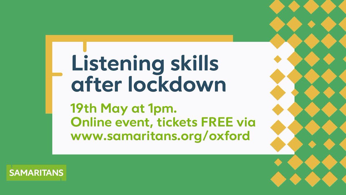 mattjerwood's tweet photo. On 19th May @OxfordSams are hosting a 20-minute lunchtime session, ‘Listening skills after lockdown’, guiding attendees through some key techniques for good listening. Free tickets
https://t.co/OSjTKbe7BB .  #MentalHealthAwarenessWeek #learningatworkweek #Oxford @samaritans https://t.co/GAR0K8GNcz