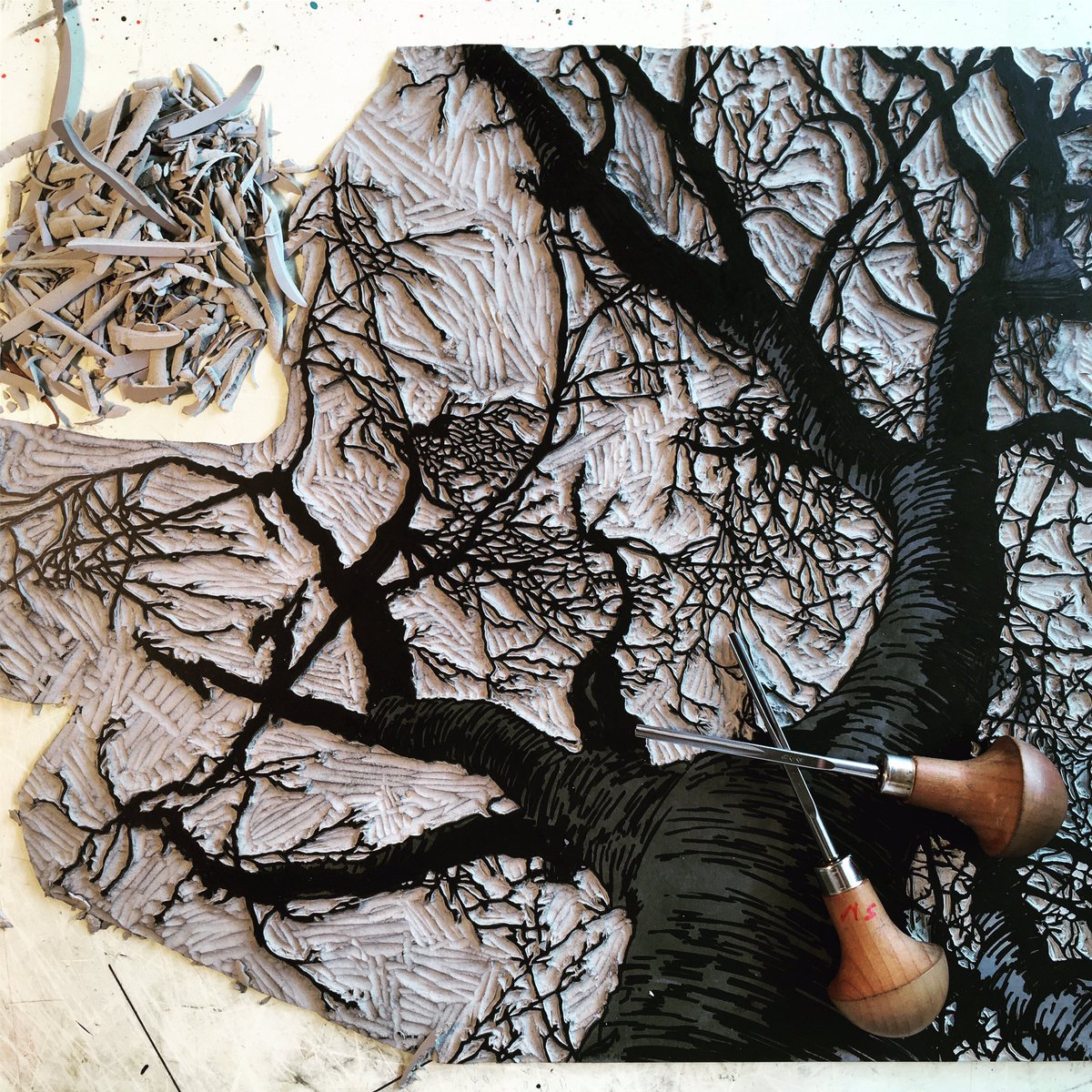 susenoble's tweet photo. Working on a couple of tree prints at the moment....this one is going to be a multi-block lino print with a marbled paper background. I think. Maybe 🤷🏼♀️...depends if it works?! 🤞🏻
#ukprintmakers
#saltburnprintmaker
#multiblockprint
#cherryblossomtree
#cherryblossom
#papermarbling https://t.co/v7sCV7COJw