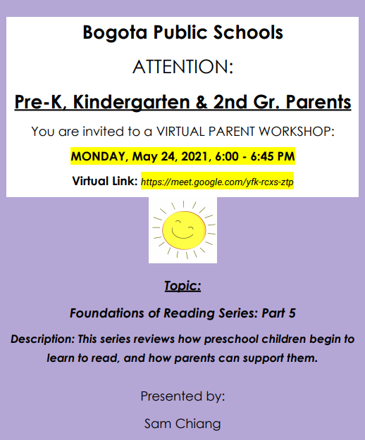 Bogotapreschool's tweet photo. 🤩Join us Monday 5/24 for the final workshop in our #FoundationsofReading📚series with @BogotaRpet🙌🏽
@BogotaPublic @LillianMSteen1 @ERoyBixbySchool #BogartMemorial #TrinLuthSchool https://t.co/EuQEJUdtno