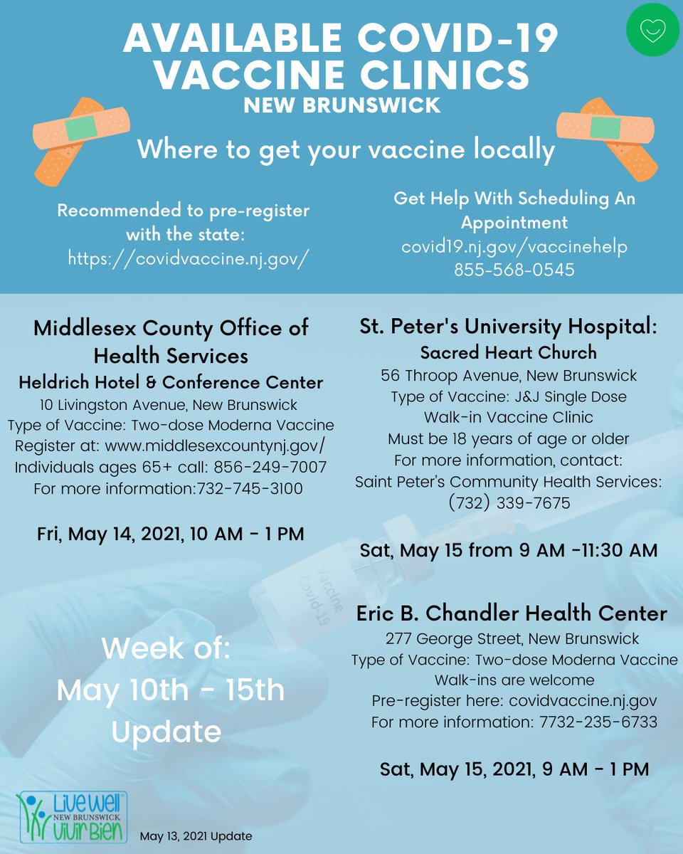 LiveWellNB's tweet photo. UPCOMING COVID-19 VACCINE CLINICS IN NEW BRUNSWICK, NJ:

There are Covid-19 Vaccine Clinics in New Brunswick available from May 10th to  May 15th. Please refer to the flyer as each Vaccine Clinic has its own registration requirement https://t.co/112zaytAc3