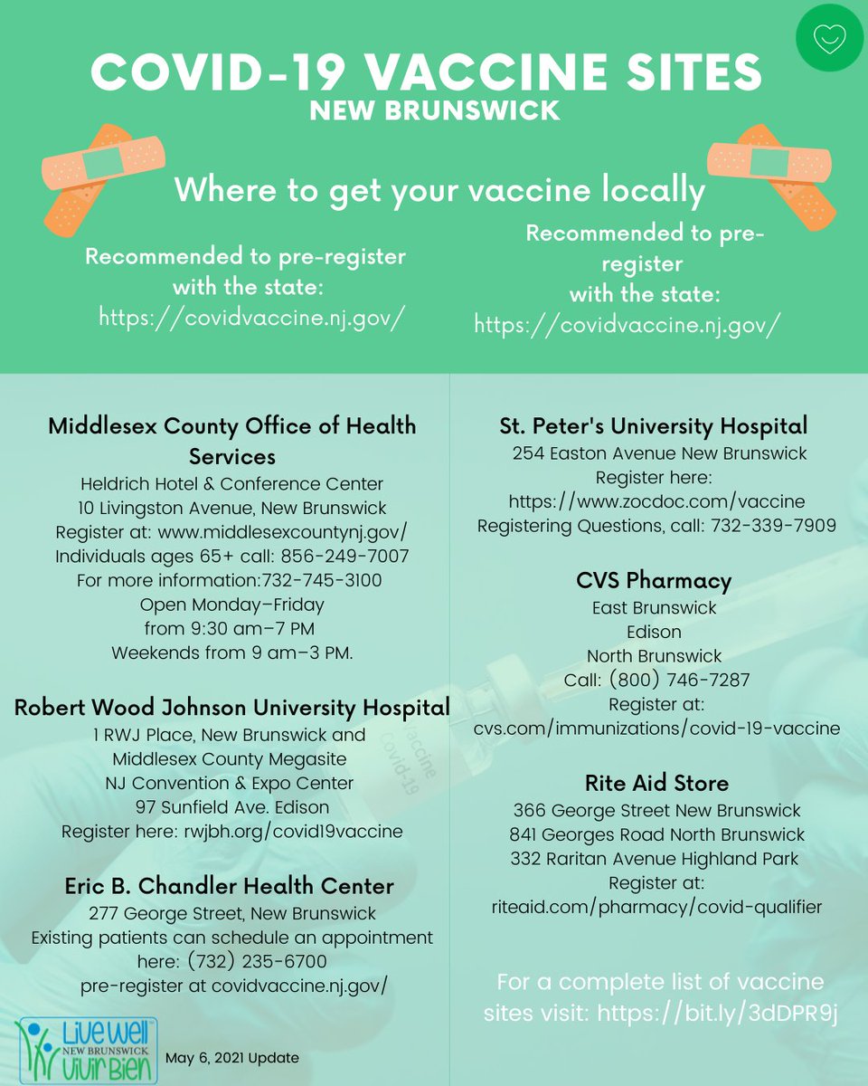 LiveWellNB's tweet photo. UPCOMING COVID-19 VACCINE CLINICS IN NEW BRUNSWICK, NJ:

There are Covid-19 Vaccine Clinics in New Brunswick available from May 10th to  May 15th. Please refer to the flyer as each Vaccine Clinic has its own registration requirement https://t.co/112zaytAc3
