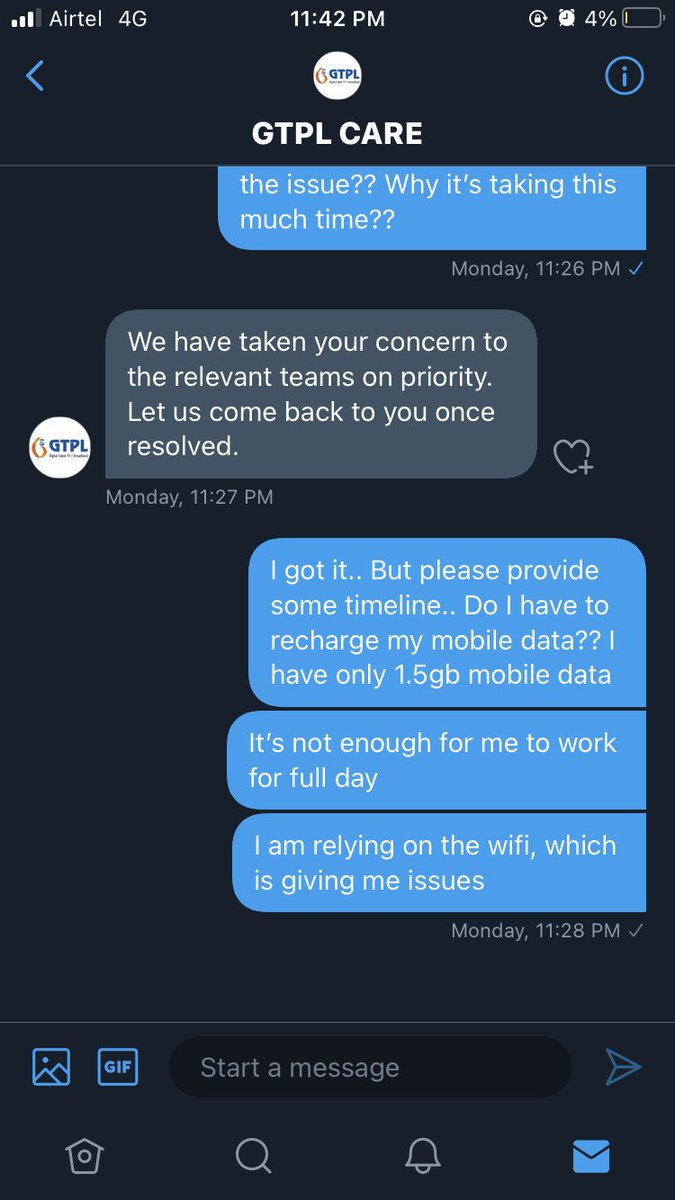 Ryddham's tweet photo. @CareGtpl @HathwayBrdband @JagoGrahakJago_ @TRAI @DoT_India You’re not replying on DM. Basically your service is fucking ridiculous. See the screenshot if you want to remember. https://t.co/NQxs9MKm7A